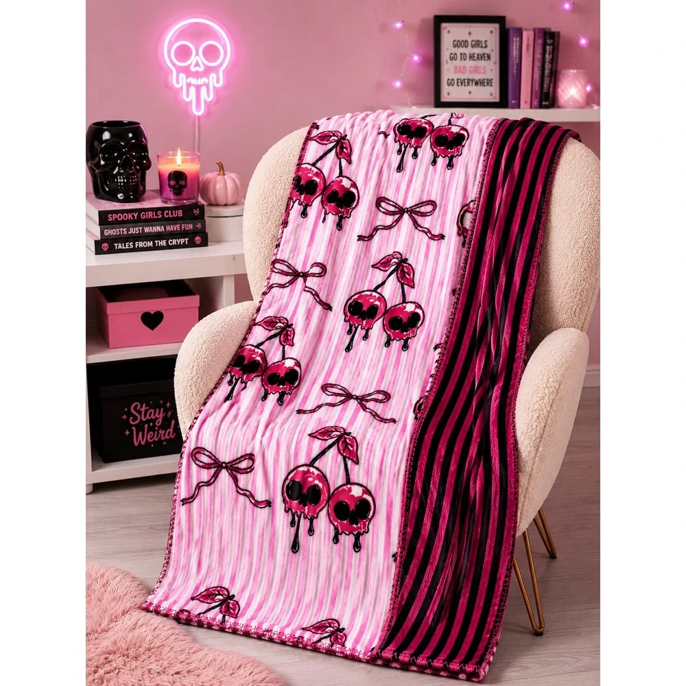 Halloween Pink Skull Cherry Reversible Plush Throw Blanket 50x70 Goth Kawaii NWT
